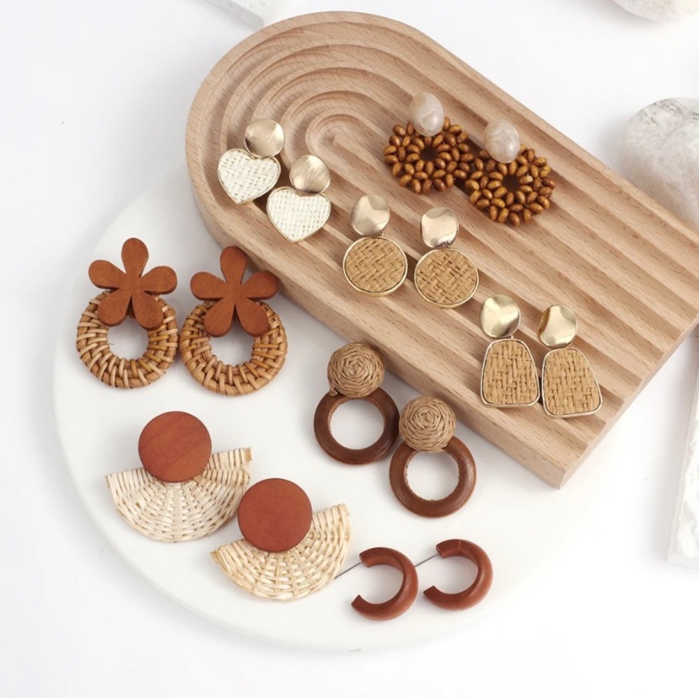 Rattan Weaved and Wooden Boho Earrings